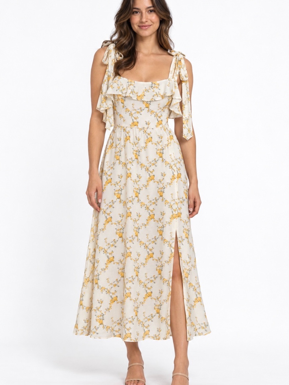 NWT Trixxi Yellow Floral Tie Shoulder Ruffle Midi Dress Size M